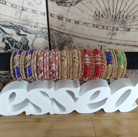3pc Hyderabad India Stone Bangles Red Brown White - Picture 3 of 4